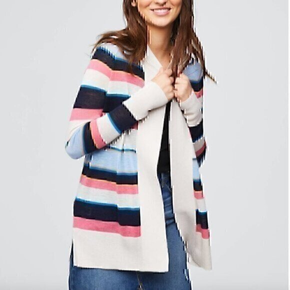 ANN TAYLOR LOFT Striped Sheer Open Cardigan Beige Navy Blue Pink Long Sweater XS - Picture 1 of 8